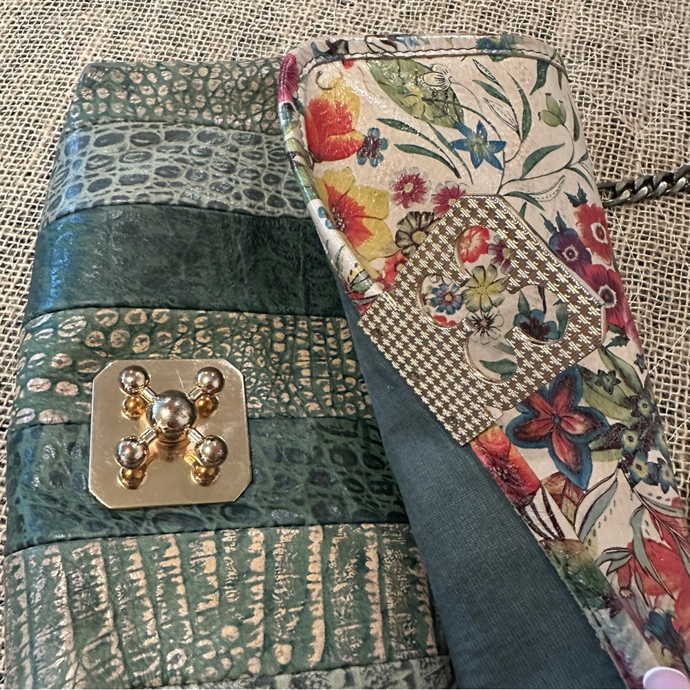Floral & Green Leather Crossbody Bag Purse Satchel Art to Wear Boho Lagenlook - Picture 5 of 14